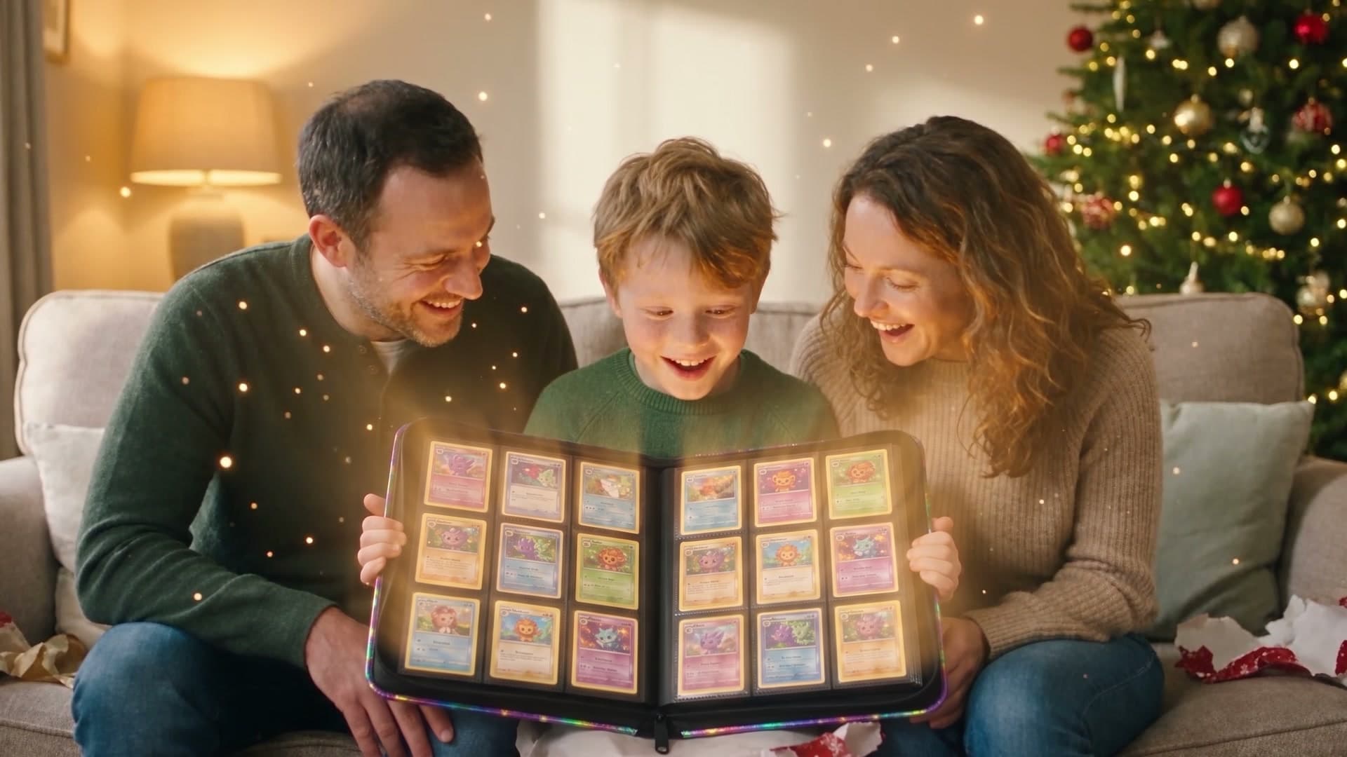 A family opening their custom card binder together on the couch