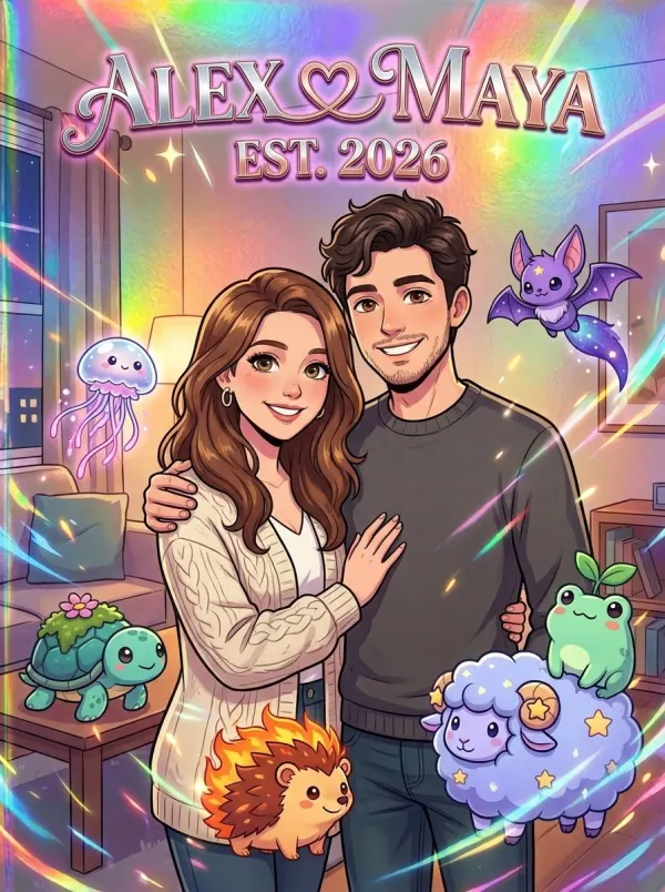 Pokemon-style binder cover of a couple with small Pokemon around them
