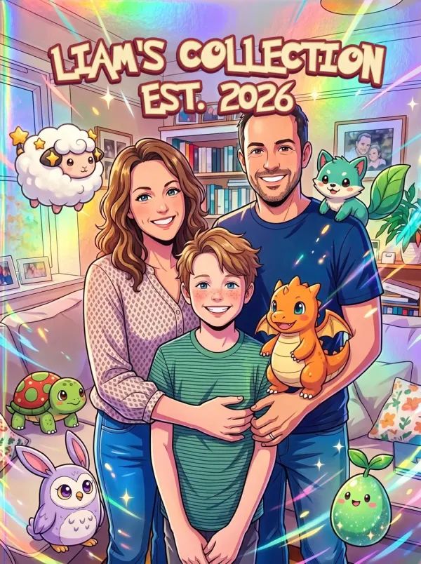 Pokemon-style binder cover of a mom, dad and son with Charmander, titled Liam's Collection