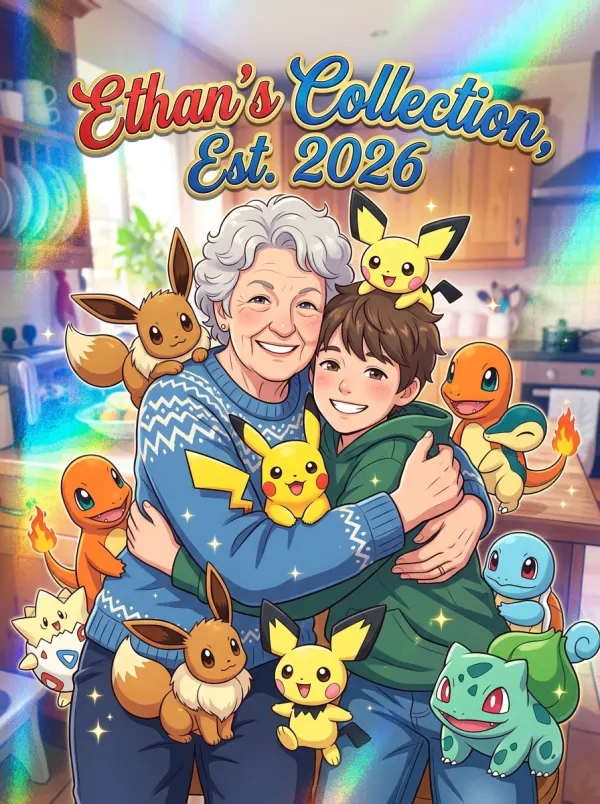 Pokemon-style binder cover of a grandma hugging her grandson with Pikachu and Eevee