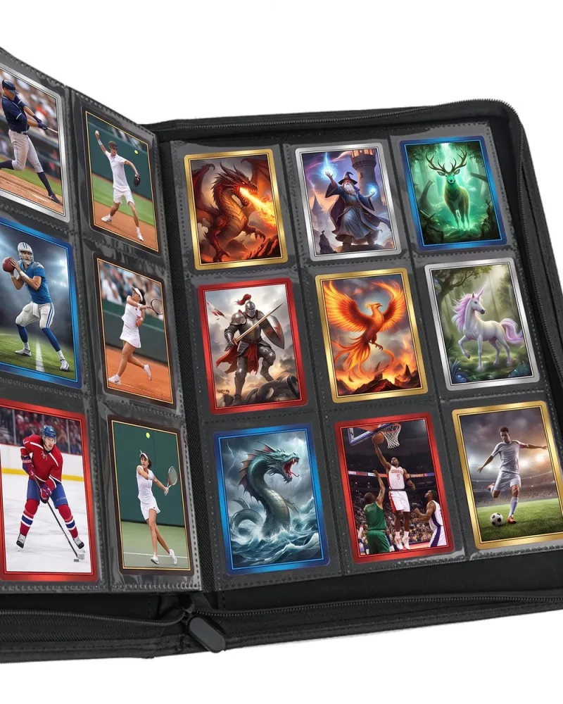 The binder open, showing 9-pocket black pages full of cards